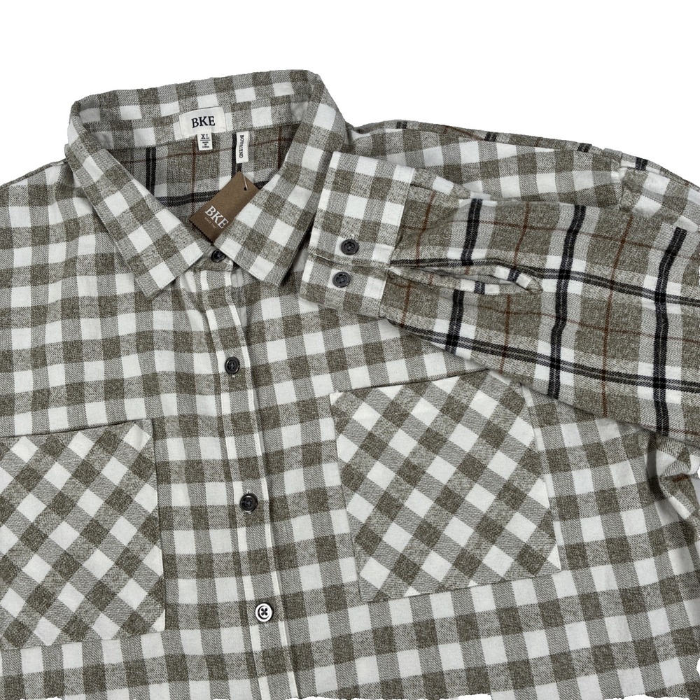 New Women's BKE Boyfriend Fit Long‎ Sleeve Flannel Shirt Size XL NWT Olive Cream